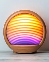 Circular wooden lamp emits gradient colored light, creating a warm ambiance