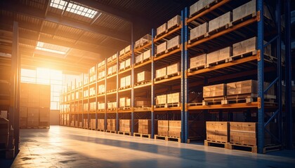 Bright Warehouse Interior with Shelves and Sunlight Streaming In