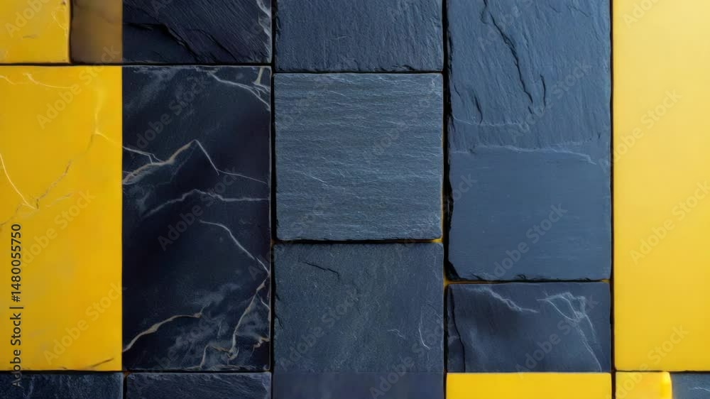 Poster a detailed view of textured brickwork with alternating yellow and black colors
