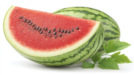 A juicy watermelon slice next to a whole watermelon, green rind