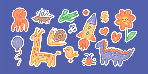 Set of hand-drawn doodle stickers in colorful childlike style. Dinosaur, giraffe, rocket and snail, octopus, balloon and cartoon elements. Illustration for banner, social media, posters and marketing