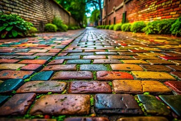 Aged Brick Pathway Texture: Worn Cobblestone Road Surface Detail