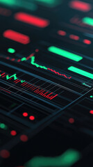 Dynamic stock market analysis graphic, with green/red charts on dark background