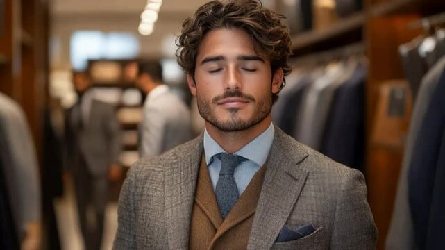 Sophisticated Contemplation: A portrait of a well-dressed individual exudes a sense of calm and introspection, eyes gently closed, within a refined clothing store, embodying modern elegance.