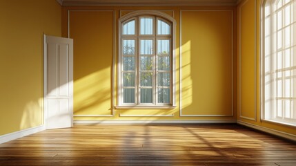 Obraz premium A 4K photo of empty unfurnished room with daylight, yellow wall and wooden floor. Mock up interior. Empty, copy space for your furniture, picture, decoration and other.