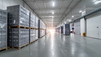 Industrial Warehouse with Stacked Pallets and Bright Lighting