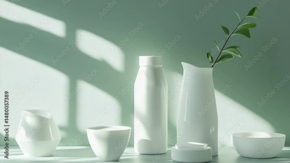 Poster a collection of white vases placed on a table, perfect for decorating or styling