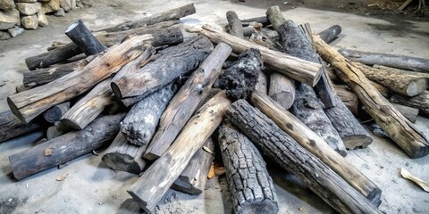 A heap of aged, weathered, and charred wooden logs, displaying a mix of natural and burned textures, hinting at a recent fire's passing