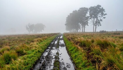 Obraz premium Misty Country Road Traveling Through Lush Green Landscape