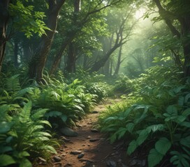 Lush emerald undergrowth, vibrant green leaves  ,  botany,  abundant