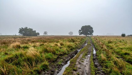 Misty Landscape with Muddy Pathway and Isolated Trees in Fog