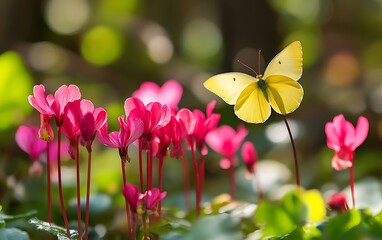Bright yellow butterfly rests on a flower among cyclamen blooms in the garden