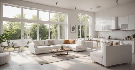 Modern white kitchen flows into bright living room, featuring oversized windows & plush seating,  spacious,  home staging
