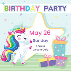 Birthday party invitation. Template with cute and happy unicorn with multi-colored hair and star. Poster, Banner, Flyer. Vector illustration in flat cartoon style