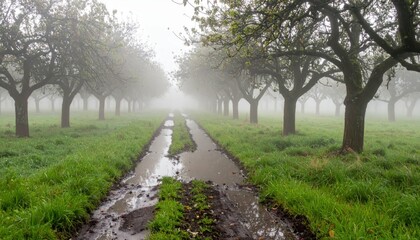 Obraz premium Foggy Orchard Landscape with Muddy Path and Lush Green Vegetation
