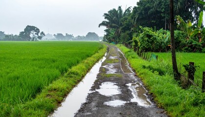 Scenic Rural Pathway Through Lush Green Rice Fields in Rainy Weather