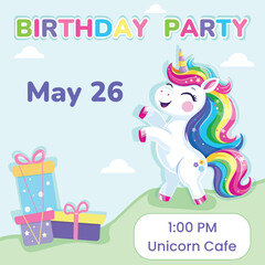 Birthday party invitation. Template with cute and happy unicorn with multi-colored hair and gifts. Poster, Banner, Flyer. Vector illustration in flat cartoon style