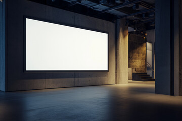 Modern industrial interior design blank billboard spacious room concrete walls stairs