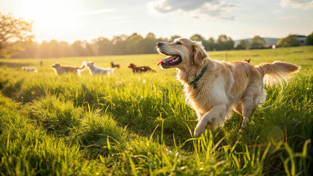 golden retriever sunny field lush green grass pet