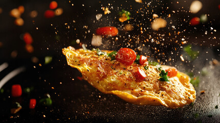 A golden omelet is served with tomato chunks, cilantro, and spices