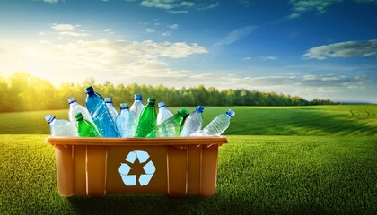 recycling bin filled with plastic bottles in nature background for eco friendly initiatives