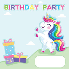Birthday party invitation. Template with cute and happy unicorn with multi-colored hair and gifts. Poster, Banner, Flyer. Vector illustration in flat cartoon style
