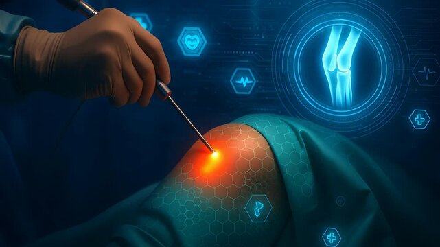 Laser Knee Surgery with Digital Medical Interface and Anatomical Bone Visualization in Modern Orthopedic Operation Room

