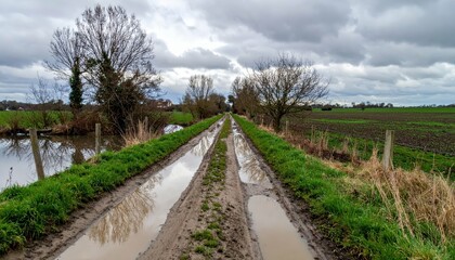 Tranquil Rural Pathway with Muddy Trails and Reflection Puddles