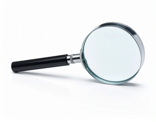 Magnifying glass close-up shot on white background, showcasing detail and clarity of the lens