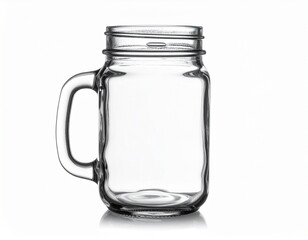 Transparent mason jar with handle on white backdrop, creating a clean and simple presentation