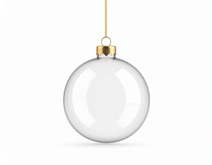 Ornament Clear, round, glass bauble suspended by a gold cap and string, casting soft shadows on a plain background