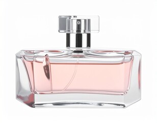Elegant glass fragrance bottle, filled with light pink liquid. Clear cap atop silver nozzle