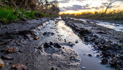 Paw Prints in Muddy Pathway at Sunset in Natural Landscape Scene