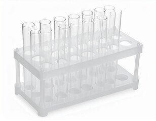 Array of clear test tubes within a white plastic rack, laboratory equipment on clean white backdrop