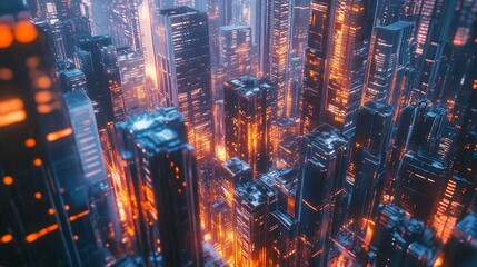 Aerial view of dense urban cityscape at night