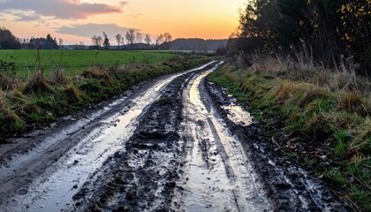 Obraz premium Serene Sunset Over Muddy Country Road with Reflection and Nature