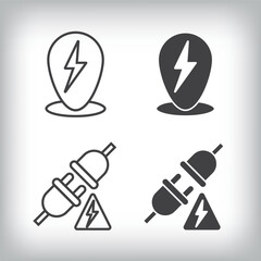Location charging station and socket connection artistic design. Simple linear and flat electricity charging icon set.