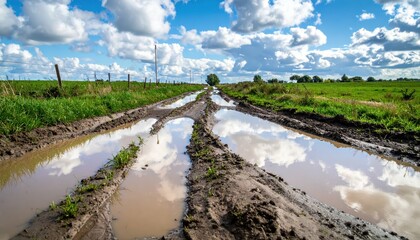 Fototapeta premium Muddy Rural Road with Puddles Reflecting Blue Sky and Clouds