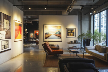 Modern art gallery interior design showcasing artwork and stylish furniture