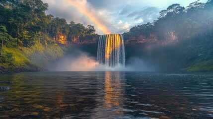 Rainbow emerging behind a waterfall, mist creating a magical atmosphere in a tropical forest