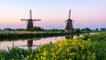 Windmills flank a tranquil canal at dusk, reflected in the water, surrounded by vibrant flowers