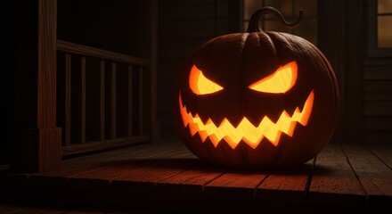 Obraz premium Carved Pumpkin Glowing on Porch for Holiday Season