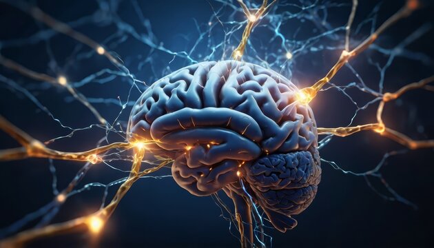 ilustraci&oacute;n detallada del cerebro humano con neuronas en funcionamiento, que simbolizan la energ&iacute;a y la salud mental en un estilo animado.