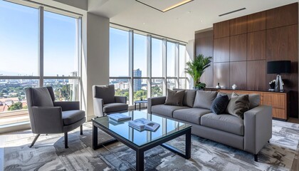 Modern living room boasts city views, stylish furniture, and sleek design