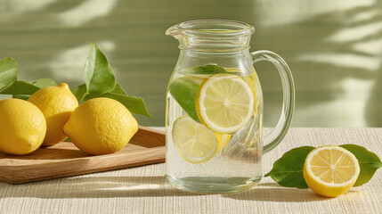 Refreshing lemon water in a pitcher with whole and cut lemons, leaves
