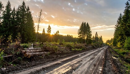 Fototapeta premium Serene Forest Road at Sunset with Logging Debris in Nature Scene