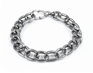 Metallic necklace comprised of oval links, secured with a clasp on a plain white background