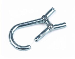 Metal hook clip; silvery sheen, folded clasp with rod locking it, laid on a white background