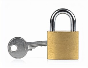 Brass padlock with a silver key inserted,isolated against clean white background