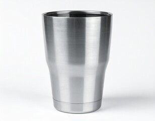 Sleek metal tumbler with curved sides sits on a white background
